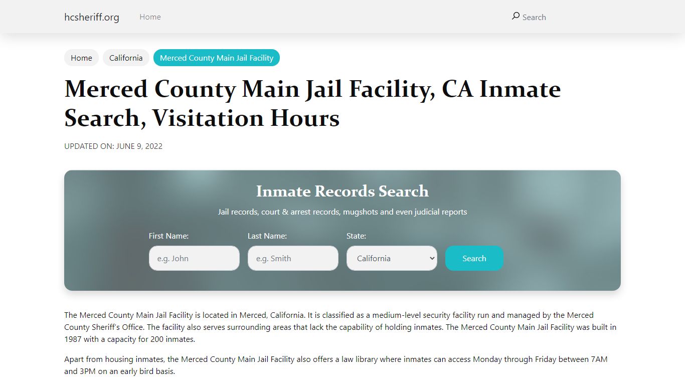 Merced County Main Jail Facility, CA Inmate Search ...